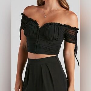 Windsor Black Ruffled Off-Shoulder Crop Top